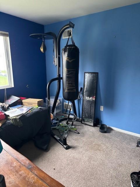 exercise area with baseboards and carpet floors