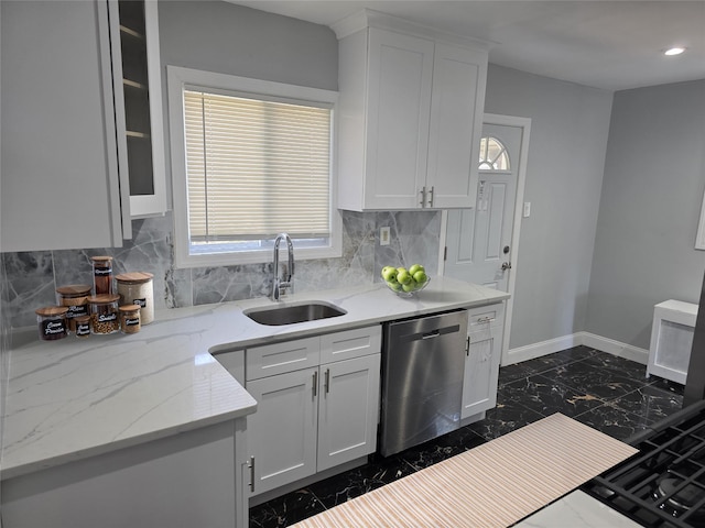 21741 112th Rd, Queens Village, NY 11429 - kitchen featuring dishwasher, baseboards, marble finish floor, tasteful backsplash, and a sink