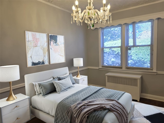 21741 112th Rd, Queens Village, NY 11429 - bedroom featuring baseboards, dark wood-style flooring, radiator heating unit, and a chandelier