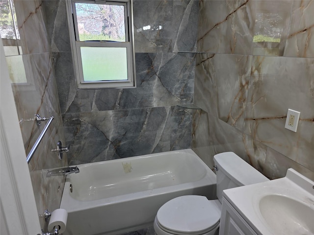21741 112th Rd, Queens Village, NY 11429 - bathroom with toilet, vanity, shower / bathing tub combination, and tile walls
