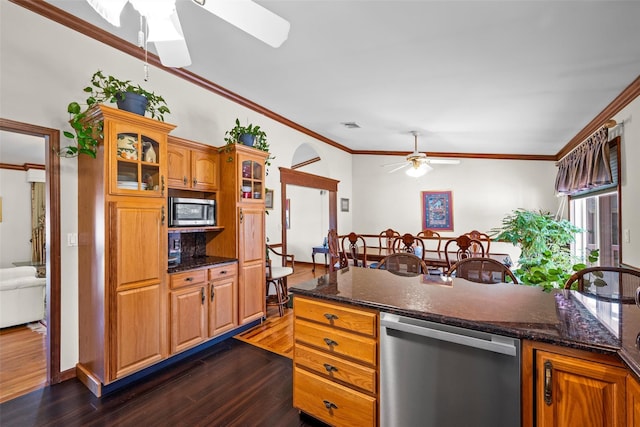 5 Peterson Rd, Monroe, NY 10950 - kitchen with stainless steel appliances, a ceiling fan, dark wood-type flooring, crown molding, and glass insert cabinets