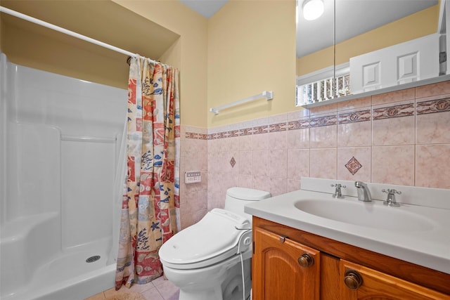 5 Peterson Rd, Monroe, NY 10950 - bathroom with tile patterned flooring, a stall shower, toilet, tile walls, and wainscoting