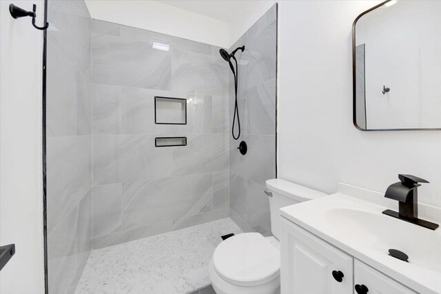 full bathroom featuring toilet, vanity, and a tile shower