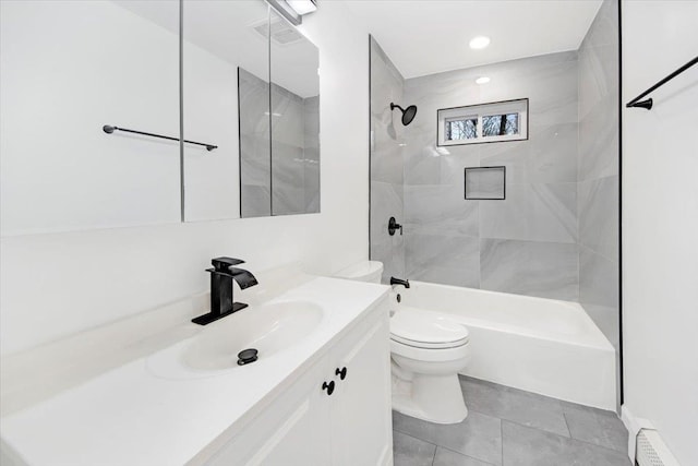 bathroom with toilet, vanity, washtub / shower combination, visible vents, and recessed lighting