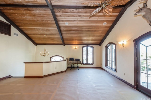 37-12 222nd St, Bayside, NY 11361 - unfurnished room featuring lofted ceiling with beams, baseboards, ornamental molding, ceiling fan with notable chandelier, and wood ceiling