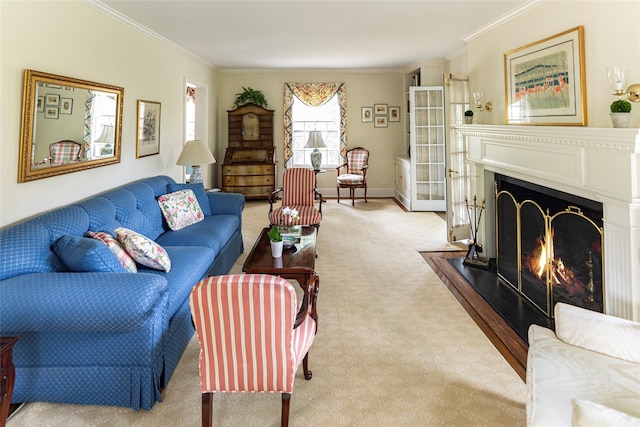 carpeted living area featuring a warm lit fireplace and ornamental molding