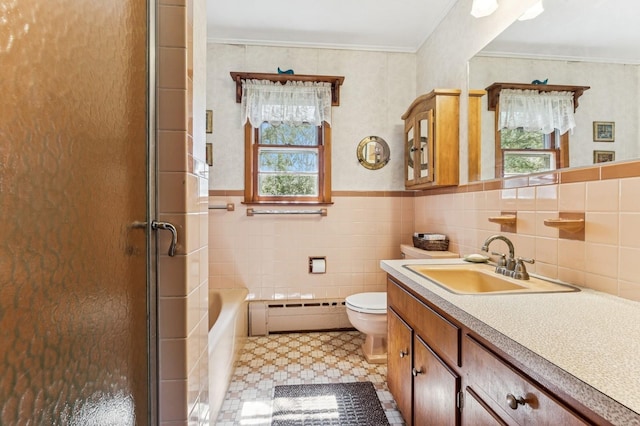 495 Knollwood Ln, Mattituck, NY 11952 - full bath featuring baseboard heating, a shower with shower door, plenty of natural light, and tile patterned floors