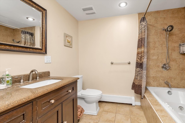 580 Foxhurst Rd, Baldwin, NY 11510 - bathroom featuring a baseboard radiator, tile patterned floors, toilet, vanity, and tiled shower / bath