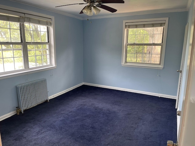 78-05 Park Dr E Unit 4B, Kew Garden Hills, NY 11367 - empty room featuring radiator, dark colored carpet, ceiling fan, and crown molding