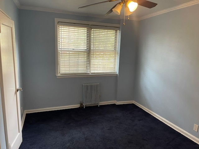 78-05 Park Dr E Unit 4B, Kew Garden Hills, NY 11367 - spare room with radiator, a ceiling fan, dark carpet, and crown molding