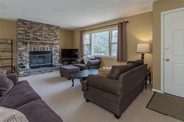 carpeted living area with baseboards and a fireplace