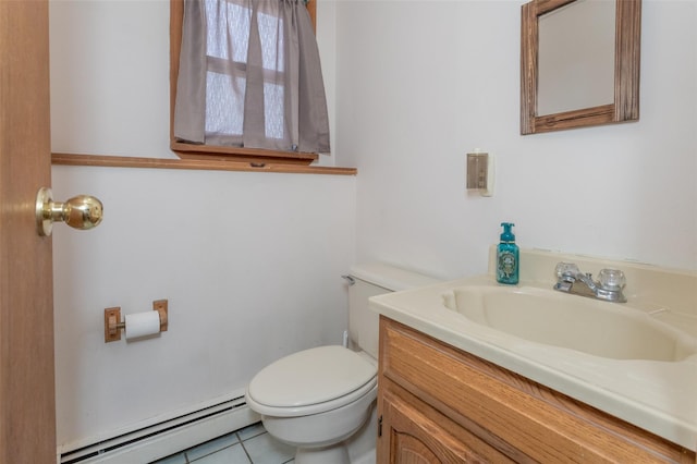 half bathroom with toilet, tile patterned flooring, vanity, and a baseboard radiator