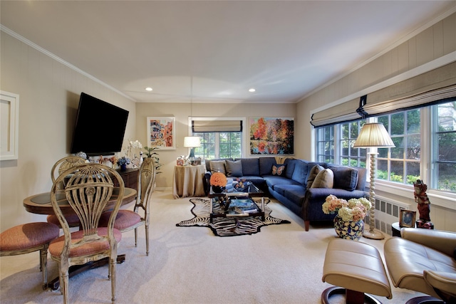 65 Elm Dr, East Hills, NY 11576 - carpeted living room featuring ornamental molding, plenty of natural light, recessed lighting, radiator heating unit, and baseboards