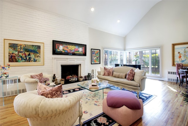 65 Elm Dr, East Hills, NY 11576 - living room with high vaulted ceiling, wood finished floors, radiator heating unit, a fireplace, and recessed lighting