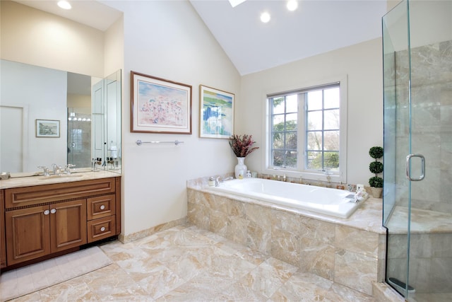 65 Elm Dr, East Hills, NY 11576 - bathroom with vanity, a bath, marble finish floors, a shower stall, and high vaulted ceiling
