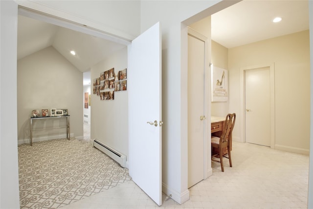 65 Elm Dr, East Hills, NY 11576 - corridor with a baseboard radiator, recessed lighting, vaulted ceiling, and baseboards