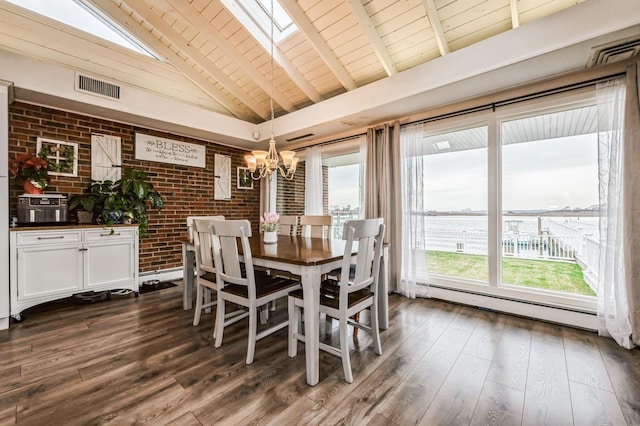 200 Block Ln, Island Park, NY 11558 - dining room with brick wall, baseboard heating, a wood ceiling with exposed beams, a chandelier, and dark wood-style flooring