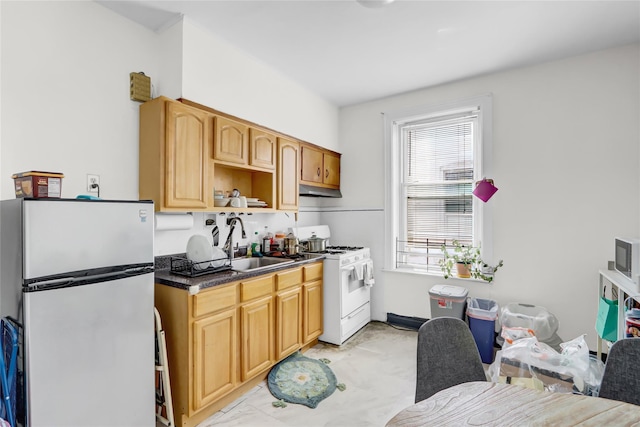 kitchen with a sink, open shelves, under cabinet range hood, white appliances, and dark countertops