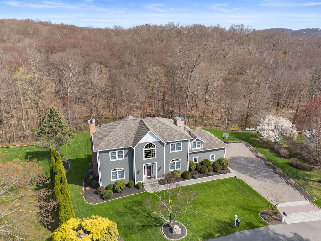 11 Danand Ln, Patterson, NY 12563 - view of front facade featuring a view of trees, a front lawn, and a chimney