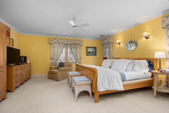 bedroom with a ceiling fan, baseboards, ornamental molding, and light carpet