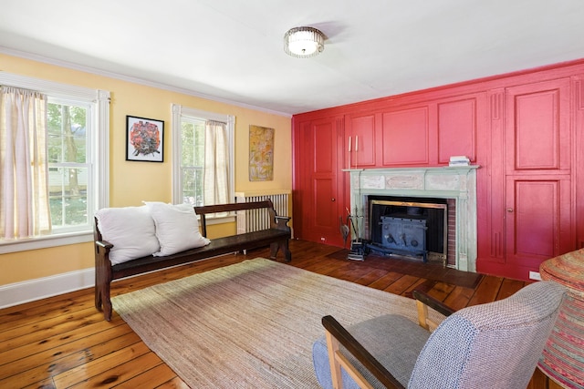 27 Powder Mill Rd, Newburgh, NY 12550 - living room with dark wood-style floors, a fireplace with flush hearth, ornamental molding, and baseboards