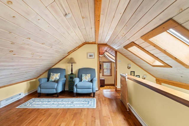 living area featuring hardwood / wood-style floors, wooden ceiling, lofted ceiling with skylight, baseboards, and baseboard heating