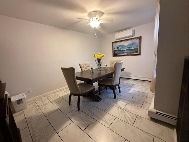 19 Hillside Ave, Northport, NY 11768 - dining area with light marble finish flooring, a wall mounted AC, baseboard heating, and ceiling fan