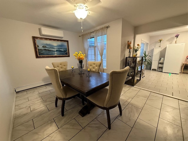 19 Hillside Ave, Northport, NY 11768 - dining space featuring a baseboard heating unit, a wall mounted air conditioner, light marble finish flooring, ceiling fan, and baseboards