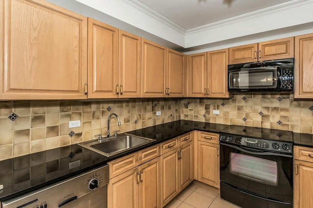 100 Harbor View Dr Unit 249, Port Washington, NY 11050 - kitchen with dark countertops, tasteful backsplash, a sink, black appliances, and ornamental molding