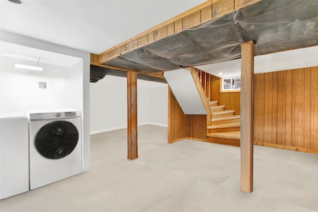 65 Hickory Ln, Bedford, NY 10506 - finished basement featuring stairs, baseboards, wood walls, and washing machine and dryer