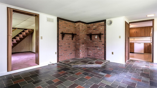 126-128 Christian Hill Rd, Dover Plains, NY 12522 - unfurnished room with stairway, stone finish floors, and wooden walls