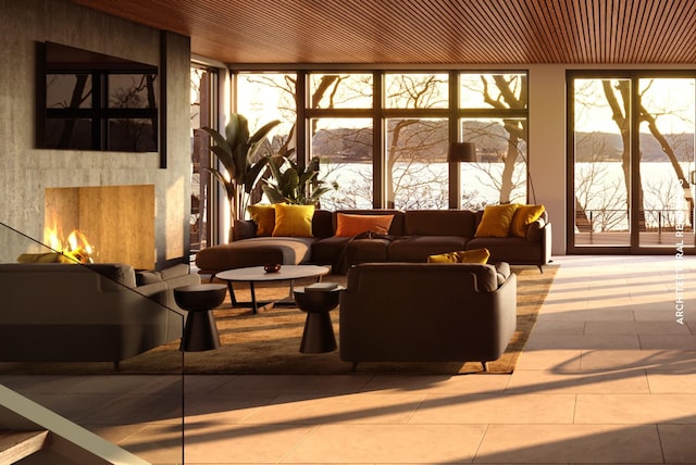 interior space with a water view
