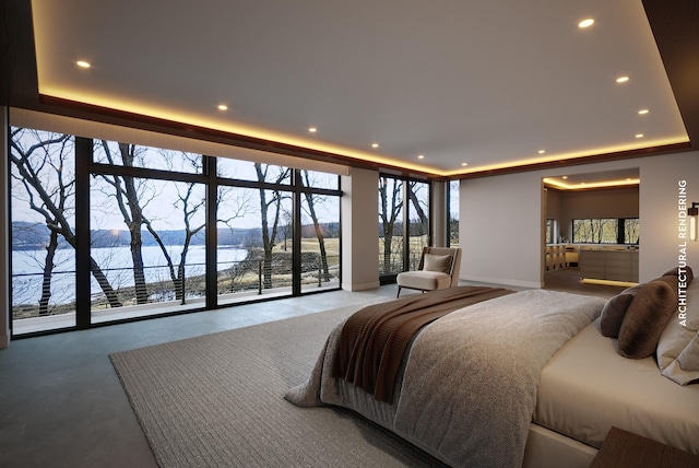 bedroom with a raised ceiling, baseboards, and recessed lighting