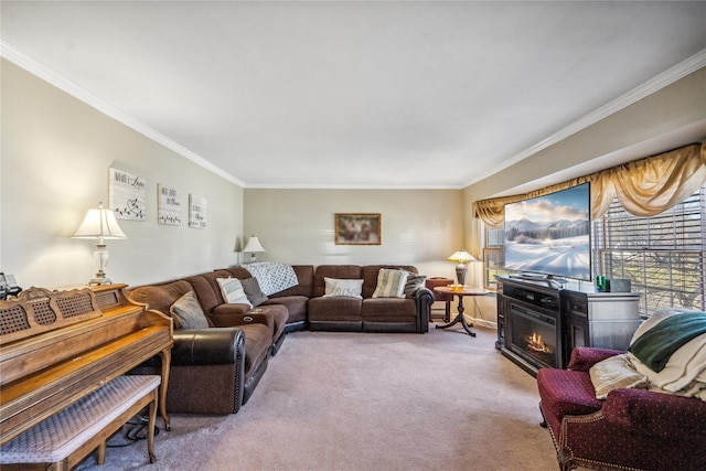 living room with ornamental molding, carpet flooring, and a glass covered fireplace