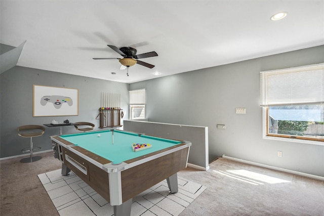game room featuring light colored carpet, recessed lighting, baseboards, a ceiling fan, and pool table