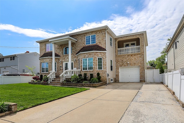 view of front of home with a balcony, driveway, an attached garage, and brick siding