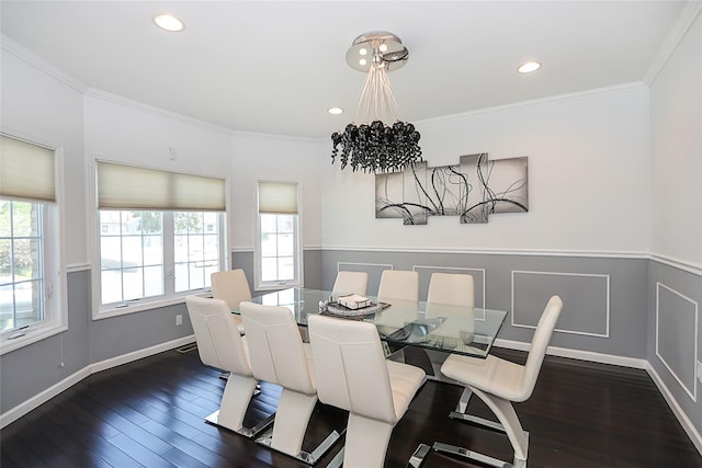 dining area with dark wood finished floors, ornamental molding, recessed lighting, a wainscoted wall, and baseboards