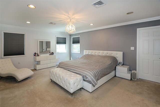 bedroom featuring carpet flooring, a chandelier, recessed lighting, ornamental molding, and baseboards