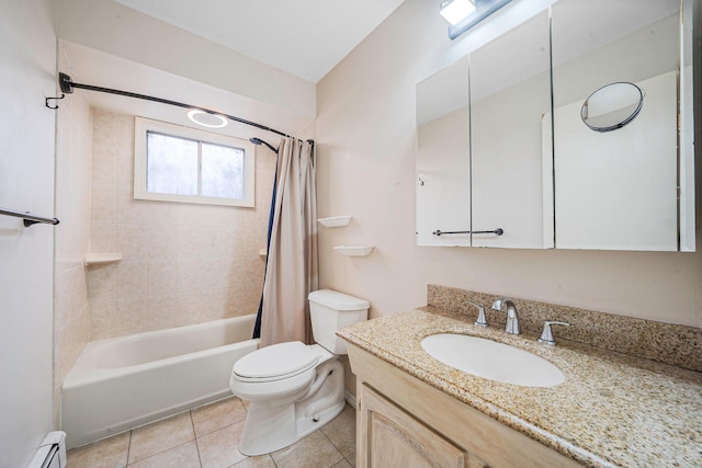 full bath with vanity, baseboard heating, tile patterned floors, shower / bath combination with curtain, and toilet