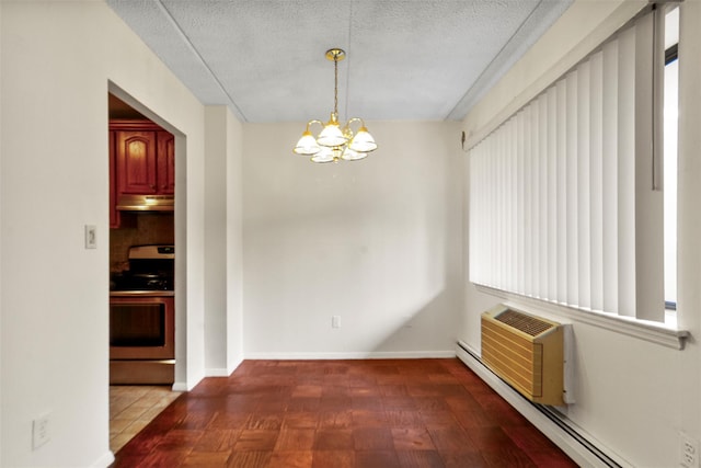 687 Bronx River Rd # 2A, Yonkers, NY 10704 - unfurnished dining area featuring a baseboard radiator, a chandelier, a textured ceiling, and healthy amount of natural light