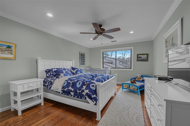 bedroom with visible vents, baseboards, ornamental molding, recessed lighting, and dark wood-style floors
