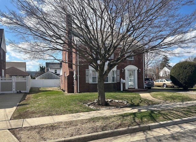 view of property hidden behind natural elements with a front yard, fence, and brick siding