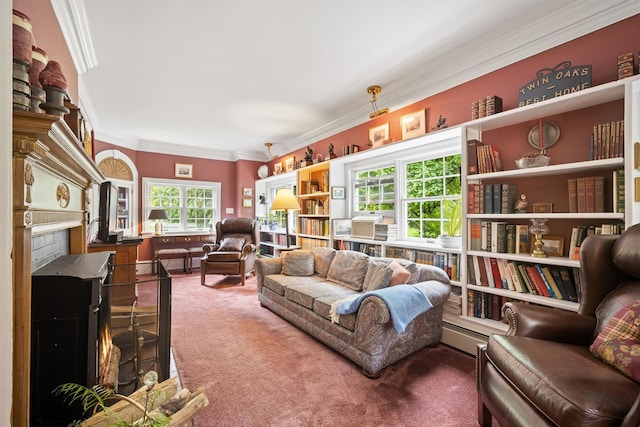 carpeted living area with a fireplace, a healthy amount of sunlight, and crown molding