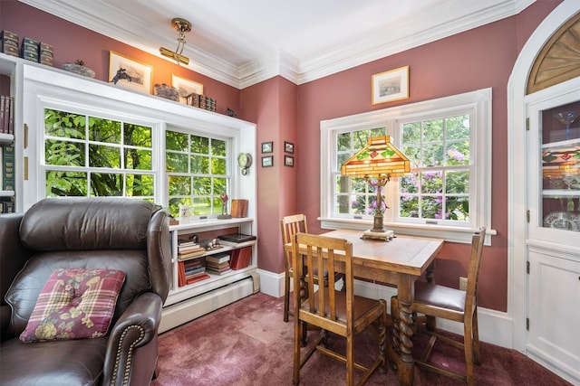 dining space with a baseboard radiator, carpet floors, crown molding, and baseboards