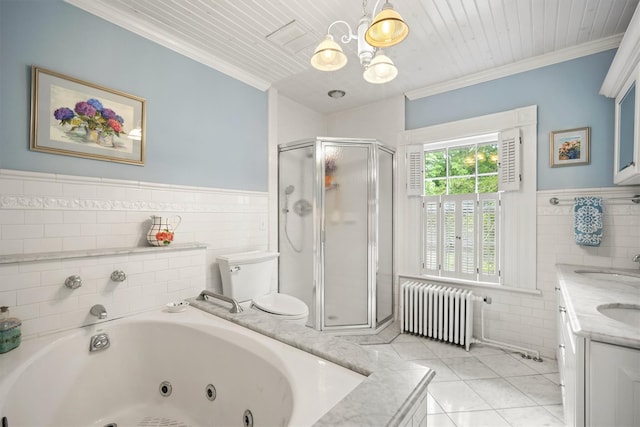 full bath featuring crown molding, radiator heating unit, a stall shower, tile patterned flooring, and a notable chandelier