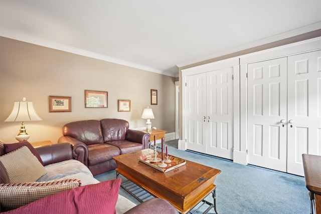 carpeted living area featuring crown molding