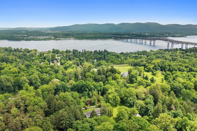 birds eye view of property featuring a water and mountain view and a wooded view