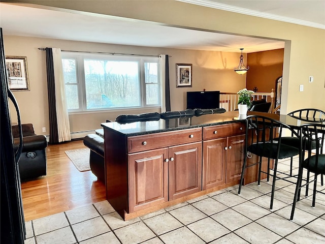 kitchen featuring light wood finished floors, baseboard heating, brown cabinets, crown molding, and hanging light fixtures