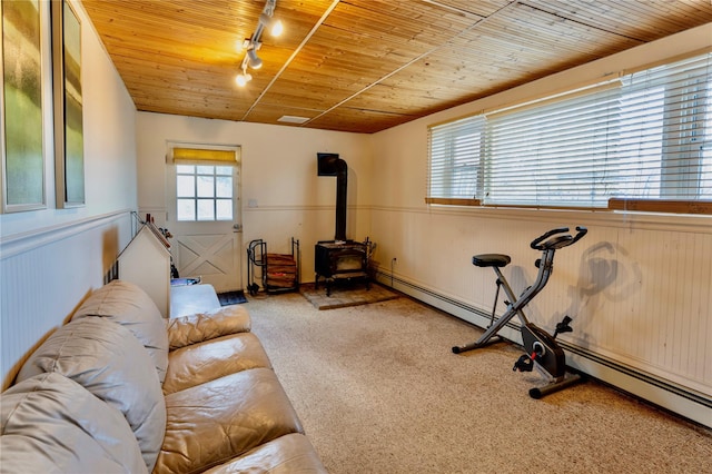 workout room featuring a baseboard radiator, wainscoting, a wood stove, carpet, and wooden ceiling