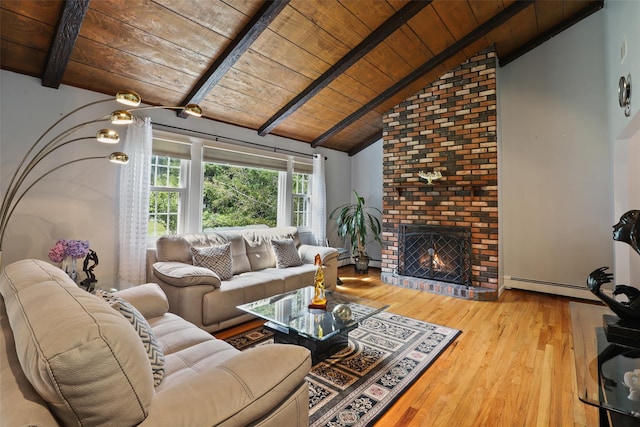 living area with lofted ceiling with beams, a brick fireplace, a baseboard radiator, wood ceiling, and hardwood / wood-style flooring